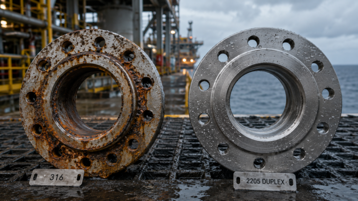 Corroded 304 stainless flange next to intact duplex 2205 fitting in offshore splash zone
