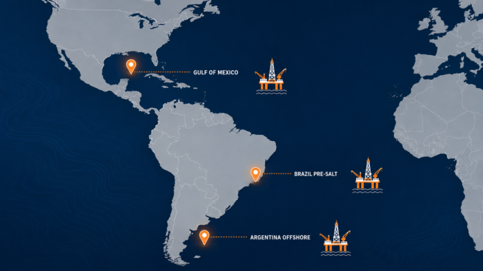 Offshore platform locations across Gulf of Mexico, Brazil pre-salt, and Argentina