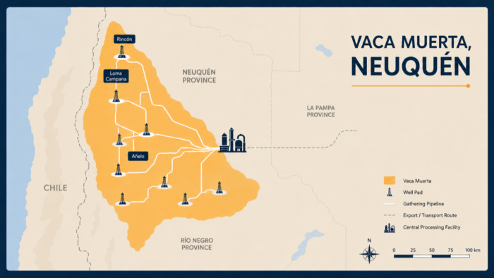Map of Vaca Muerta shale gathering pipeline network in Neuquén, Argentina