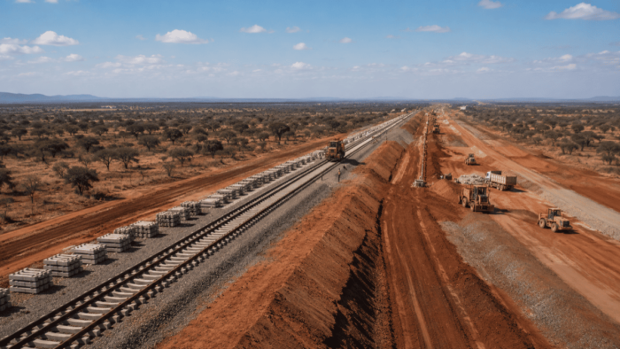 Standard gauge railway construction across East African savanna showing scale of infrastructure development