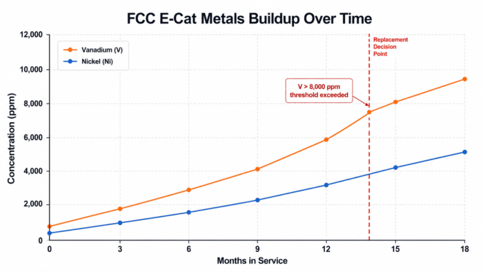 Graph showing vanadium and nickel contamination buildup trend in FCC equilibrium catalyst over 18 months with XRF monitoring