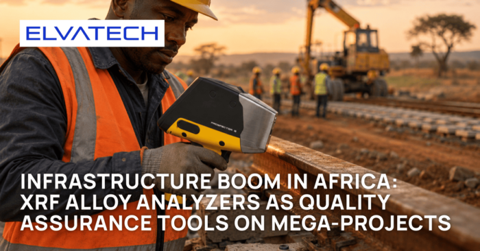 Construction inspector using XRF alloy analyzer to verify structural steel quality on African infrastructure mega-project