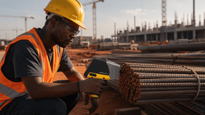 QC inspector verifying steel rebar grade with portable XRF alloy analyzer at African construction project laydown yard