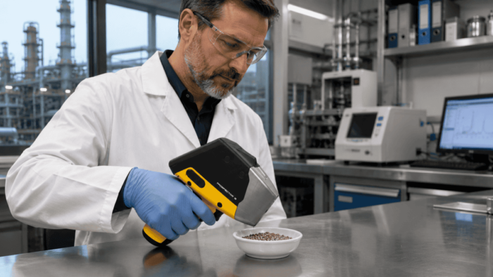 Refinery technician using portable XRF analyzer to measure precious metals content in spent catalyst sample