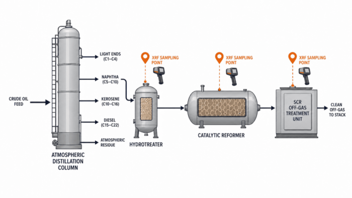 Refinery process flow diagram showing XRF analyzer sampling points at reformer, hydrotreater and SCR catalyst units
